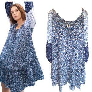 Zara Size Medium Ditsy Floral Boho Tiered Dress Blue White